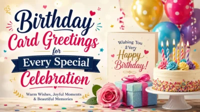 Birthday card greetings with colorful balloons, cake, candles, gift box, flowers, and festive celebration text.