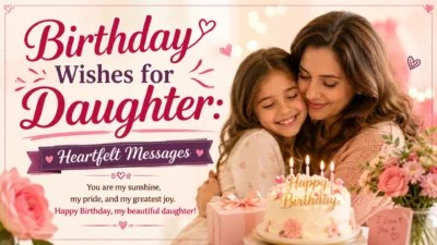 Mother hugging her daughter beside a birthday cake with heartfelt birthday wishes for daughter.