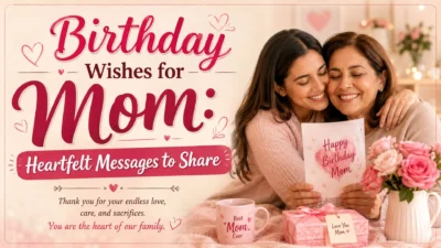 Birthday wishes for mom image featuring a loving mother and daughter with flowers, gifts, and a heartfelt card.