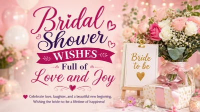 Bridal shower wishes image with pink roses, gifts, balloons, and love-filled bride-to-be decor
