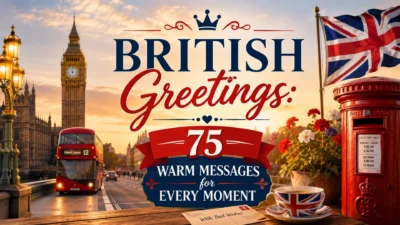 British greetings with Big Ben, a red bus, Union Jack flag, postbox, flowers, and a traditional cup of tea.