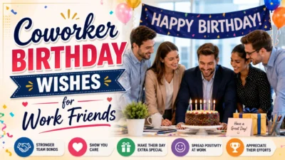 Coworker birthday wishes for work friends with office team, cake, balloons, and celebration
