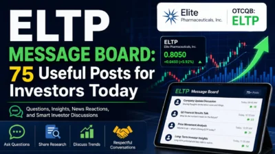 ELTP message board banner with stock charts, investor posts, and Elite Pharmaceuticals market discussion.