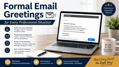 Formal email greetings guide with laptop, professional email example, and workplace communication tips.