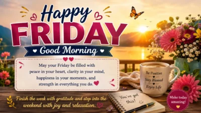 Friday greetings image with sunrise, colorful flowers, coffee, and a warm good morning message.