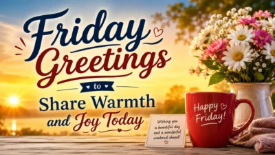 Warm Friday greetings image with sunrise, flowers, red mug, and joyful weekend wish
