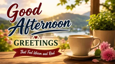 Good afternoon greetings image with coffee, flowers, greenery, and warm sunset view