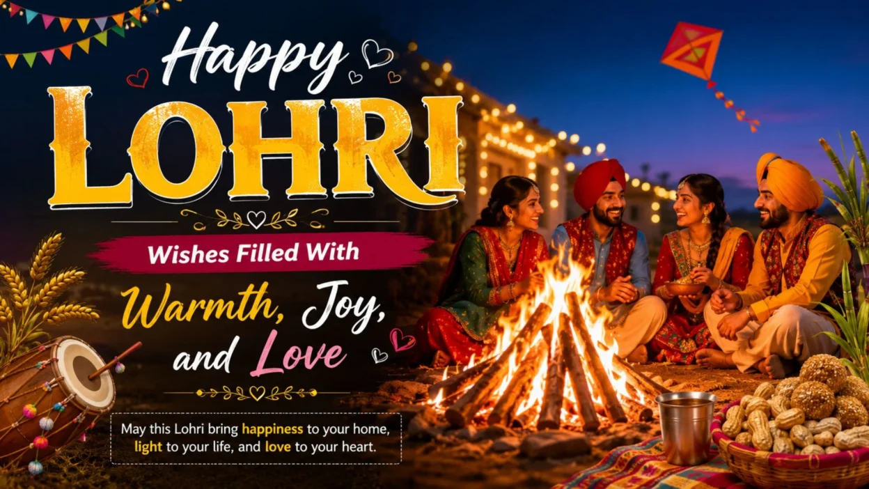 Happy Lohri wishes image with a glowing bonfire, Punjabi celebration, festive food, kites, and joyful friends.