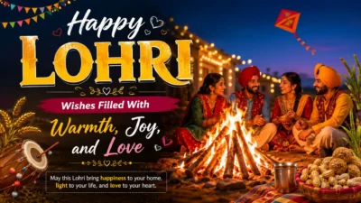Happy Lohri wishes image with a glowing bonfire, Punjabi celebration, festive food, kites, and joyful friends.