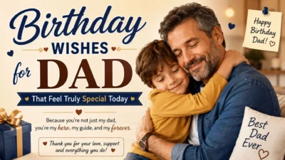 Birthday wishes for dad design featuring a loving father and son hugging with warm birthday messages and gifts.