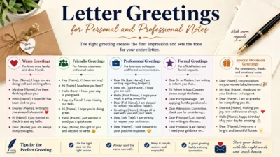 Letter greetings infographic with personal, professional, formal, friendly, and special occasion examples.