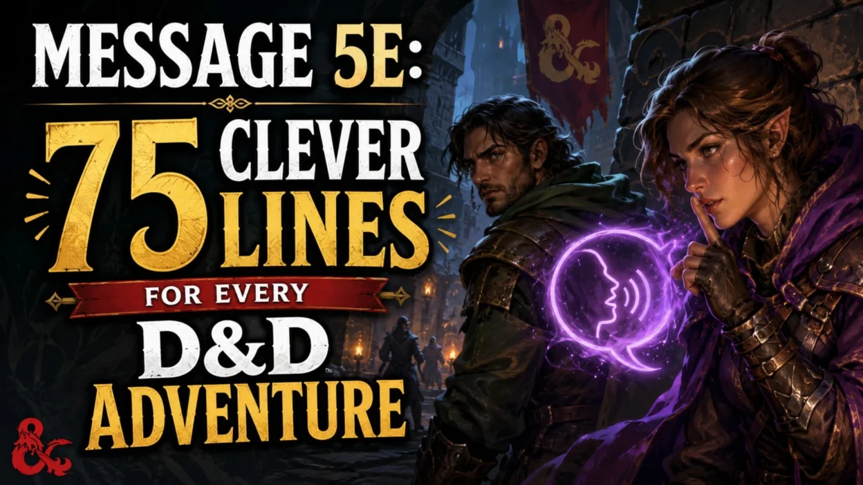 Fantasy adventurers using Message 5e magic in a dark D&D dungeon with a bold 75 clever lines title.