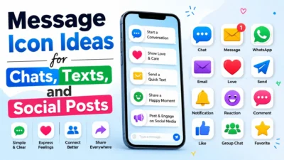 Message icon ideas for chats, texts, and social posts featuring a smartphone, chat bubbles, hearts, email, and social symbols.