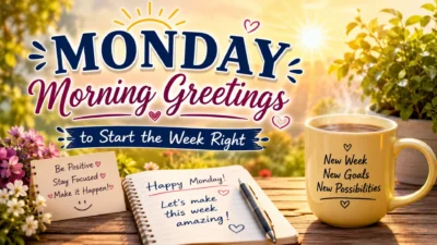Monday morning greetings with sunrise, coffee, flowers, notebook, and positive messages to start the week right.
