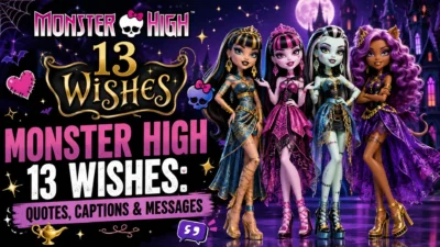 Monster High 13 Wishes characters with a magical castle, quotes, captions, and messages title.