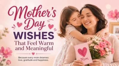 Mother’s Day wishes image featuring a loving mother and daughter with flowers, a card, and warm pink decorations.