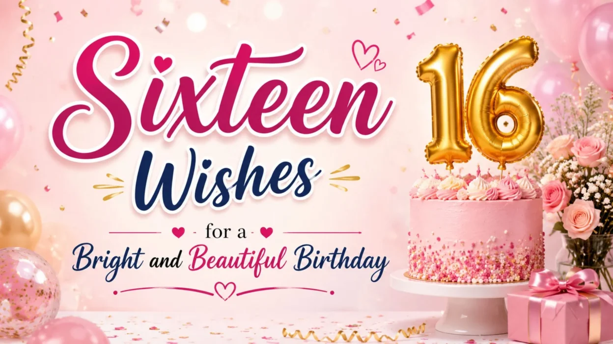 Sixteen wishes birthday image with pink cake, gold 16 balloons, flowers, gifts, and festive decorations