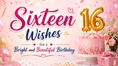 Sixteen wishes birthday image with pink cake, gold 16 balloons, flowers, gifts, and festive decorations