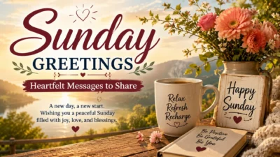 Sunday greetings image with sunrise, flowers, coffee, and heartfelt messages for a peaceful and joyful Sunday.