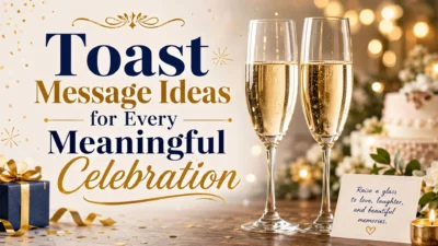 Toast message ideas graphic with champagne glasses, cake, gift box, golden lights, and elegant celebration decorations.