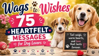 Golden retriever puppy beside Wags to Wishes title and 75 heartfelt messages for dog lovers.