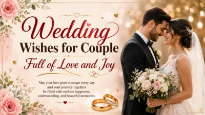 Wedding wishes for couple with bride, groom, flowers, rings, and romantic love and joy message