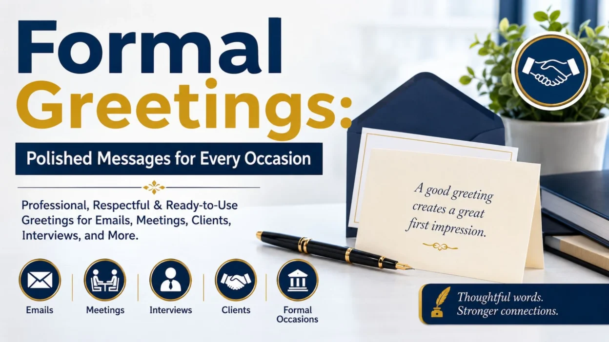 Formal greetings banner with professional messages for emails, meetings, clients, interviews, and formal occasions.