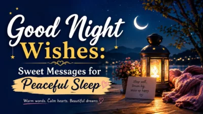 Good Night Wishes with a glowing lantern, crescent moon, flowers, and peaceful sleep message.