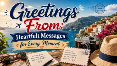 Greetings From travel image with coastal views, camera, postcard, hat, and heartfelt messages for every moment.
