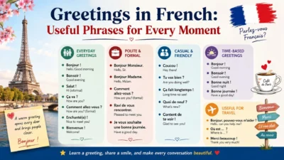 Greetings in French infographic with useful French phrases, English meanings, Eiffel Tower, and travel greetings.