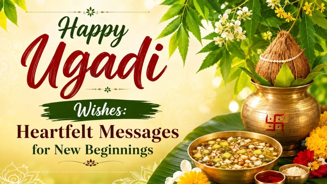 Happy Ugadi wishes banner with traditional kalash, coconut, neem leaves, flowers, and festive decorations.