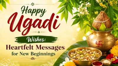 Happy Ugadi wishes banner with traditional kalash, coconut, neem leaves, flowers, and festive decorations.