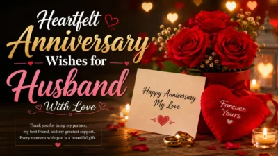 Heartfelt anniversary wishes for husband with red roses, wedding rings, candles, and a romantic love card.