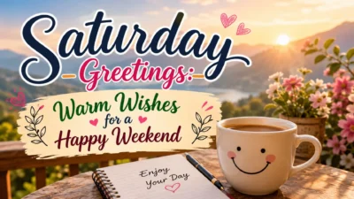 Saturday Greetings with warm weekend wishes, sunrise scenery, flowers, coffee, and a cheerful relaxing mood.