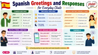 Colorful Spanish greetings and responses infographic with everyday phrases, replies, meanings, and friendly illustrations.