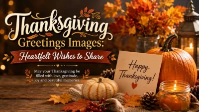 Thanksgiving greetings image with pumpkins, autumn leaves, candles, and heartfelt wishes to share.