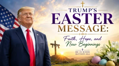 Donald Trump Easter message banner with American flag, cross, lilies, and themes of faith, hope, and new beginnings.