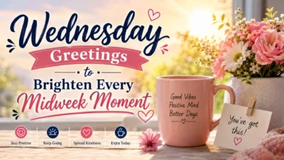 Wednesday greetings graphic with pink flowers, a coffee mug, and an uplifting midweek message.