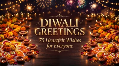 Diwali greetings with glowing diyas, colorful lights, and festive decorations