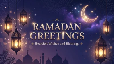 Ramadan greetings with a glowing crescent moon, golden lanterns, and elegant Islamic decorations.